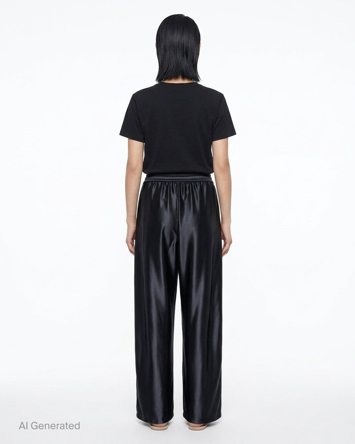 Alexander Wang mid-rise black glossy track pants with embossed side logo panels and elasticated waistband, shown from the front - back