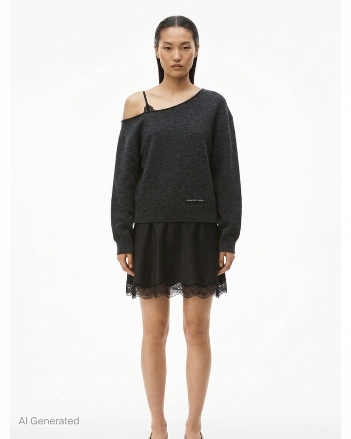 Alexander Wang pre-styled slip dress with off-shoulder charcoal knit sweater layered over a black satin slip with lace hem - front