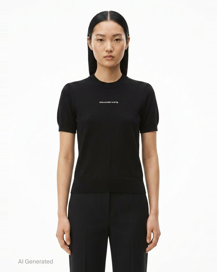 Short Sleeve Crewneck Hotfix Logo Knit Top | Alexander Wang | Club21 - front
