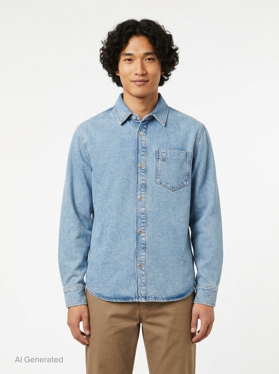 AMI Paris Ami de Cœur denim overshirt in light blue wash with snap-button placket and heart-over-A logo on chest pocket - front
