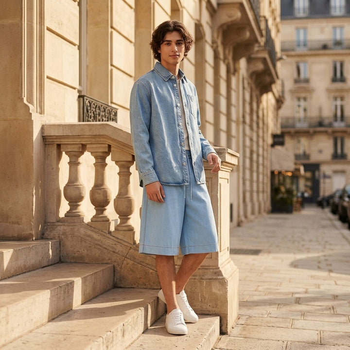 AMI Paris Ami de Cœur denim overshirt in light blue wash with snap-button placket and heart-over-A logo on chest pocket - lifestyle