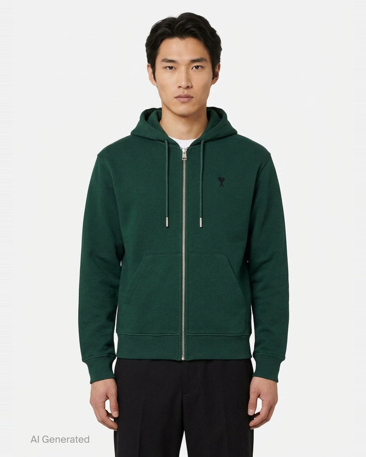 AMI Alexandre Mattiussi forest green zip hoodie with embroidered Ami de Cœur heart logo on the chest, full-length silver zip, kangaroo pocket, and adjustable tonal drawstring hood - front