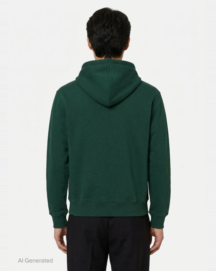 AMI Alexandre Mattiussi forest green zip hoodie with embroidered Ami de Cœur heart logo on the chest, full-length silver zip, kangaroo pocket, and adjustable tonal drawstring hood - back