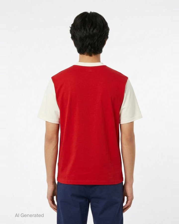 AMI Paris two-tone T-shirt with red body, ivory short sleeves and collar, and oversized white felt 'AMI Paris' collegiate lettering on the chest - back