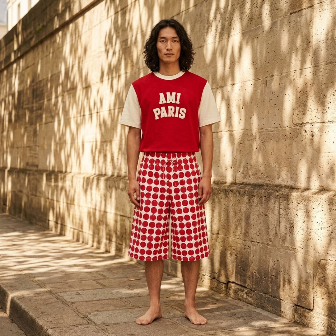 AMI Paris two-tone T-shirt with red body, ivory short sleeves and collar, and oversized white felt 'AMI Paris' collegiate lettering on the chest - lifestyle
