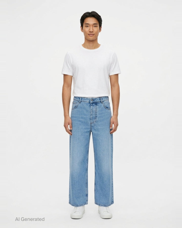 AMI Baggy Fit Jeans in light blue washed denim with wide-leg silhouette, button fly, and five-pocket design - front