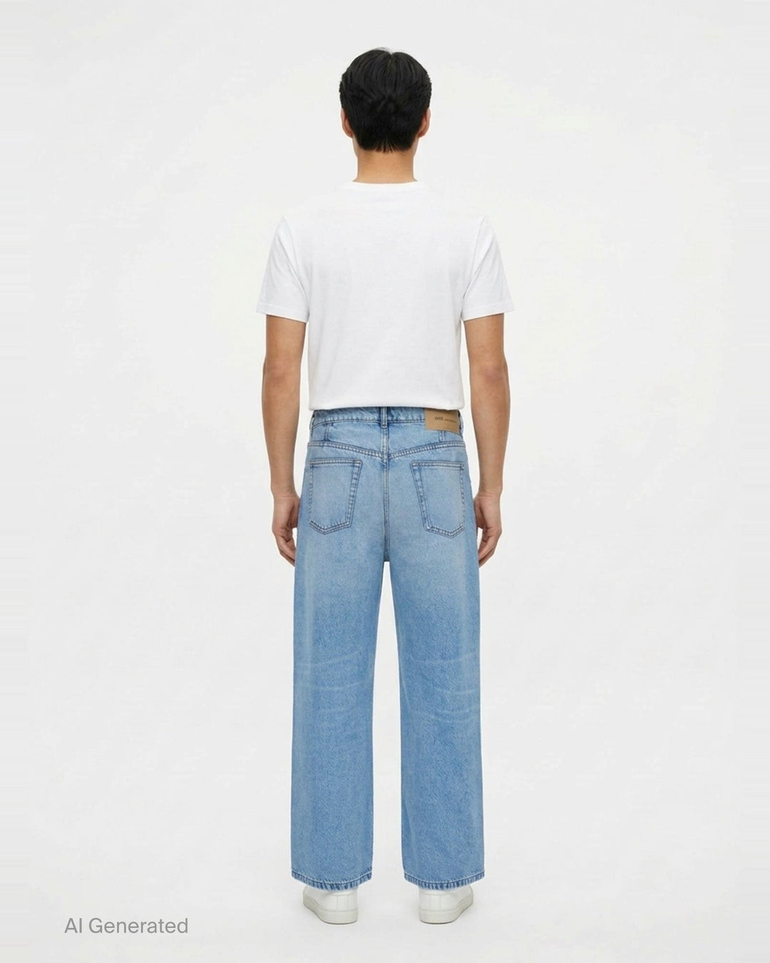 AMI Baggy Fit Jeans in light blue washed denim with wide-leg silhouette, button fly, and five-pocket design - back