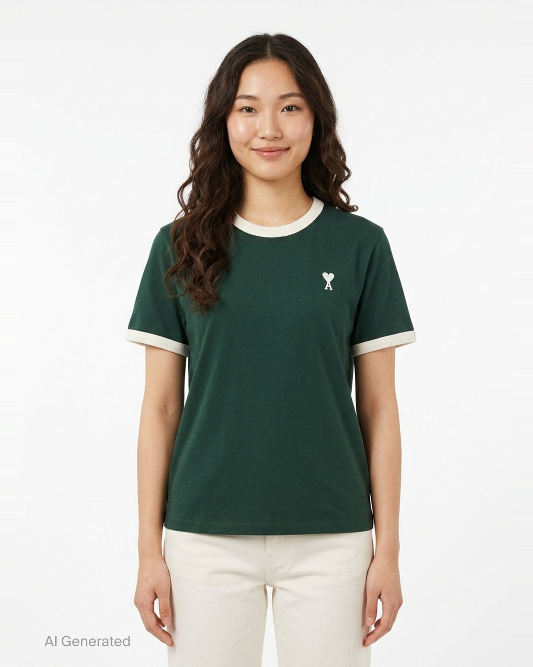 Ami Alexandre Mattiussi forest green bicolor ringer tee with cream contrast collar and cuff trim, featuring the embroidered Ami de Cœur logo at the chest - front