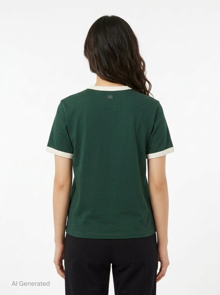 Ami Alexandre Mattiussi forest green bicolor ringer tee with cream contrast collar and cuff trim, featuring the embroidered Ami de Cœur logo at the chest - back