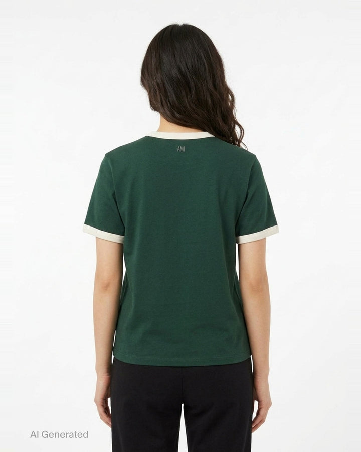 Ami Alexandre Mattiussi forest green bicolor ringer tee with cream contrast collar and cuff trim, featuring the embroidered Ami de Cœur logo at the chest - back