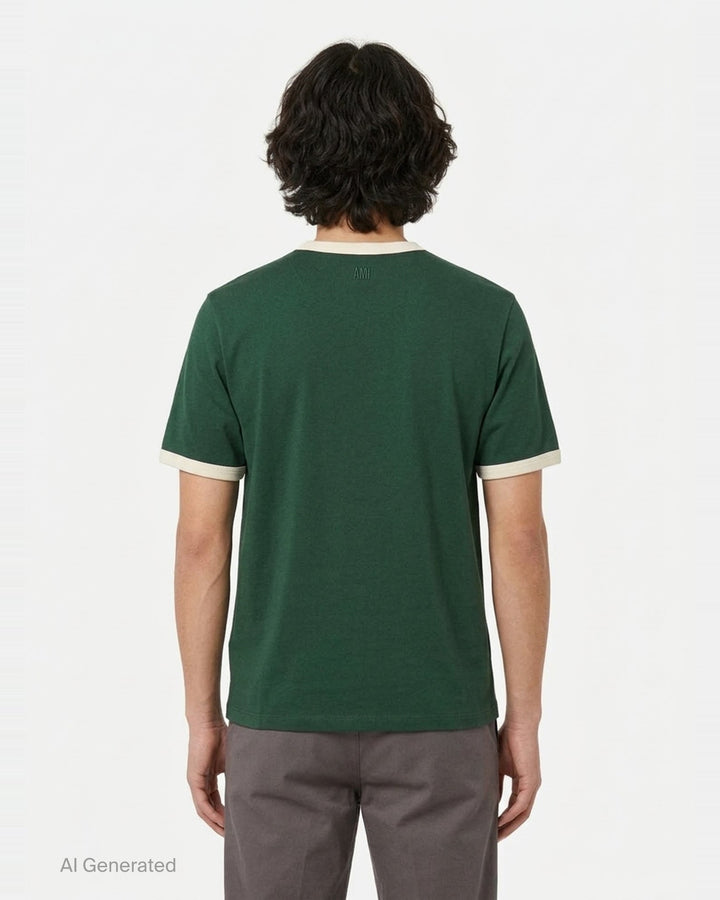 AMI Alexandre Mattiussi Bicolor Ringer Tee in forest green with cream contrast ribbed trim at the neckline and cuffs, and Ami de Cœur logo embroidered at the chest - back