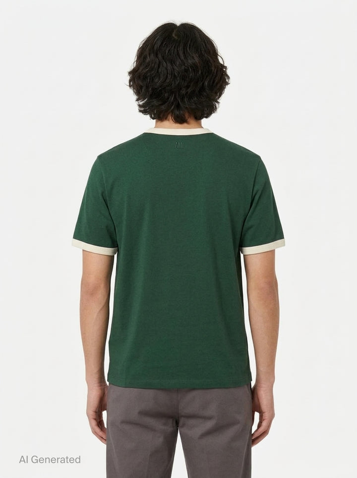 AMI Alexandre Mattiussi Bicolor Ringer Tee in forest green with cream contrast ribbed trim at the neckline and cuffs, and Ami de Cœur logo embroidered at the chest - back