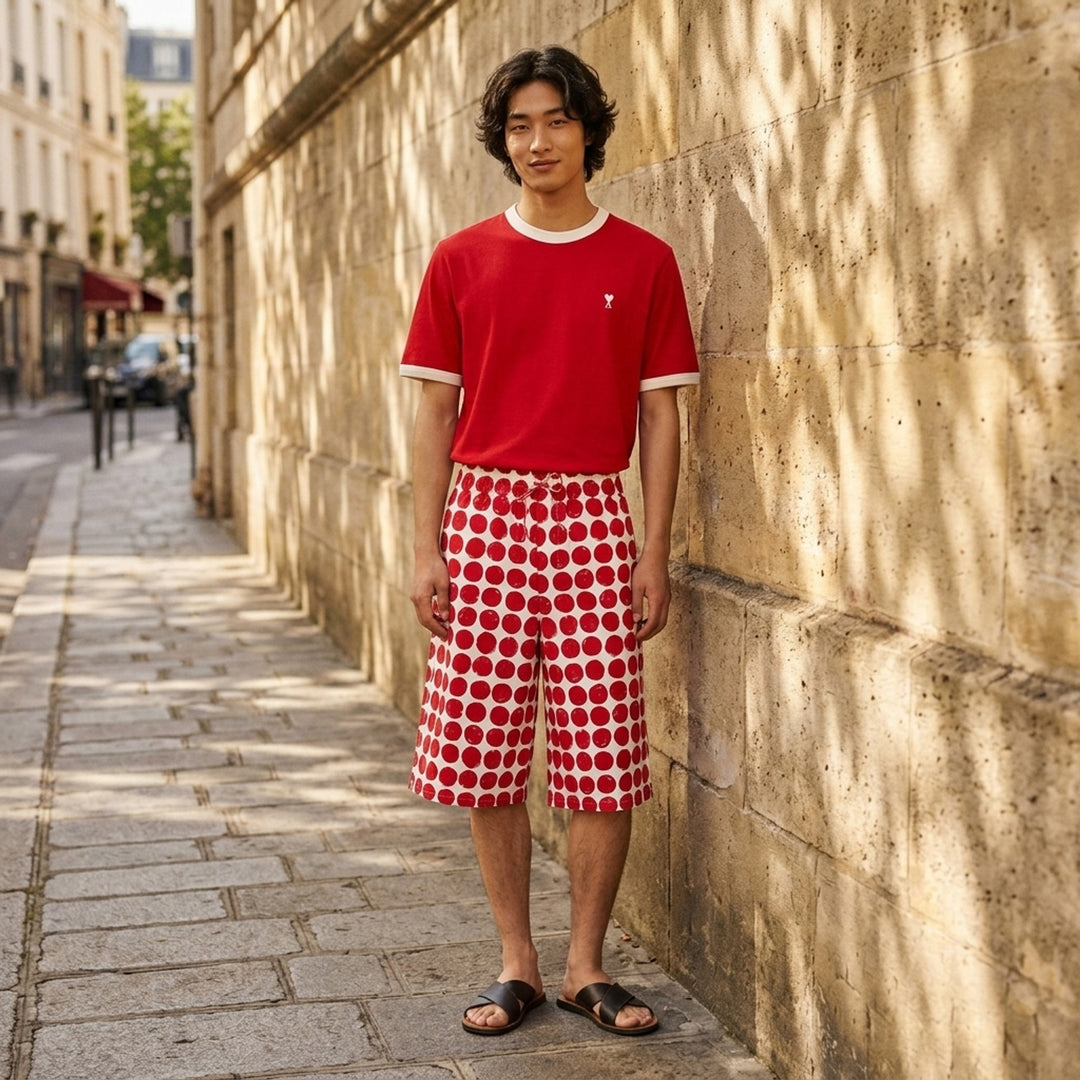 AMI Alexandre Mattiussi Bicolor Ringer Tee in forest green with cream contrast ribbed trim at the neckline and cuffs, and Ami de Cœur logo embroidered at the chest - lifestyle