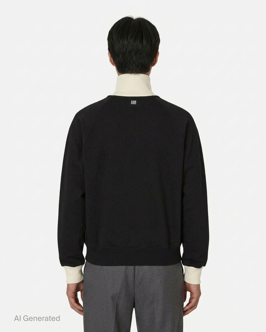 AMI black zip-up sweatshirt with cream funnel collar, ribbed cuffs and embroidered Ami de Coeur logo on the chest - back
