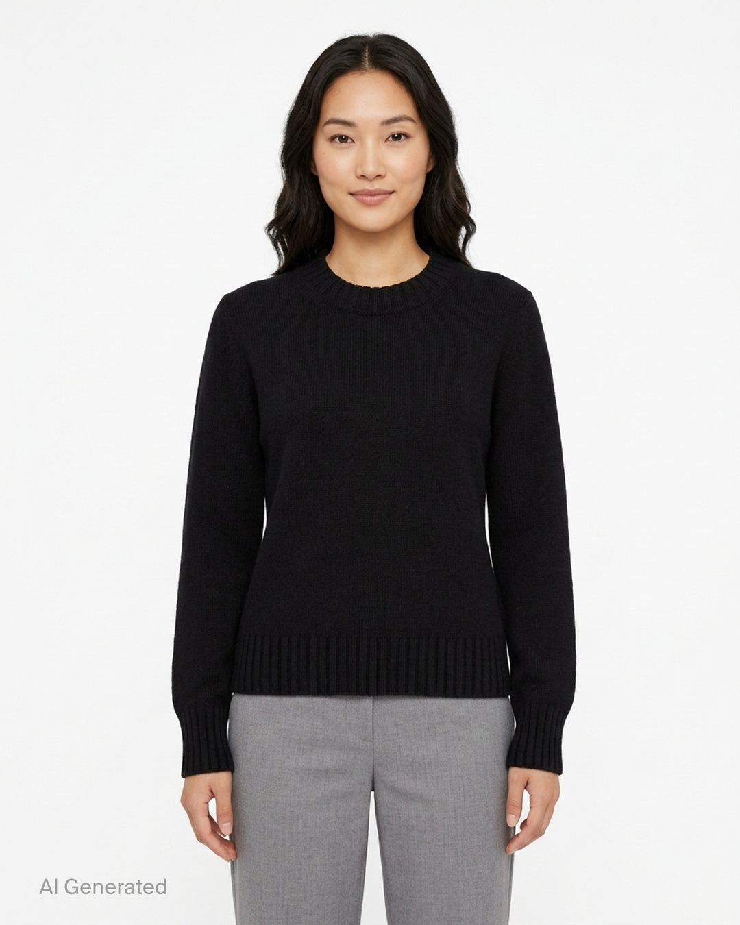 AMI black crewneck sweater in chunky knit with ribbed collar, cuffs and hem, shown flat from the front - front
