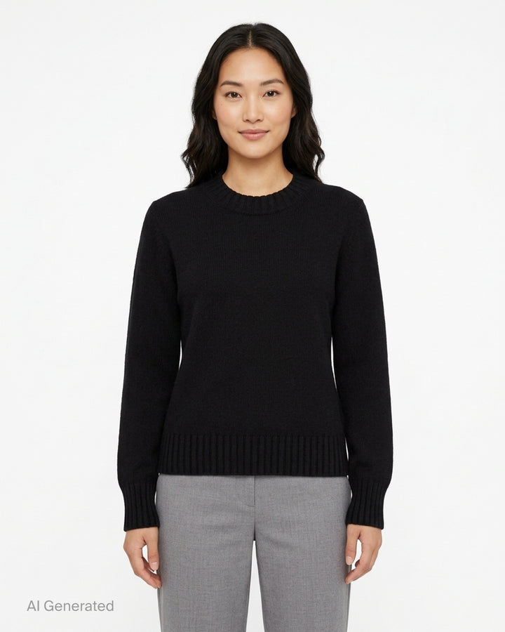 AMI black crewneck sweater in chunky knit with ribbed collar, cuffs and hem, shown flat from the front - front