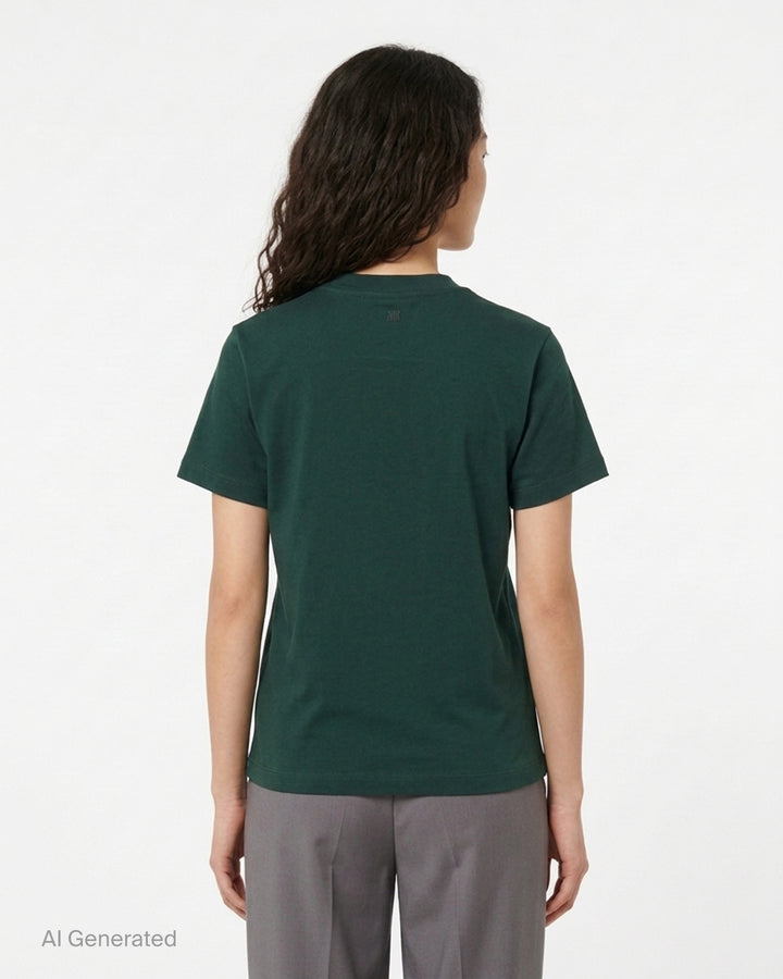 AMI forest green short-sleeve crew neck T-shirt with a small black Ami de Cœur embroidered logo at the chest - back