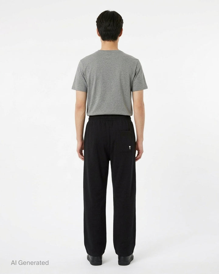 AMI Contrast Wide Leg Sweatpants in black with elasticated drawstring waistband and wide straight-cut silhouette, shown flat against a white background - back