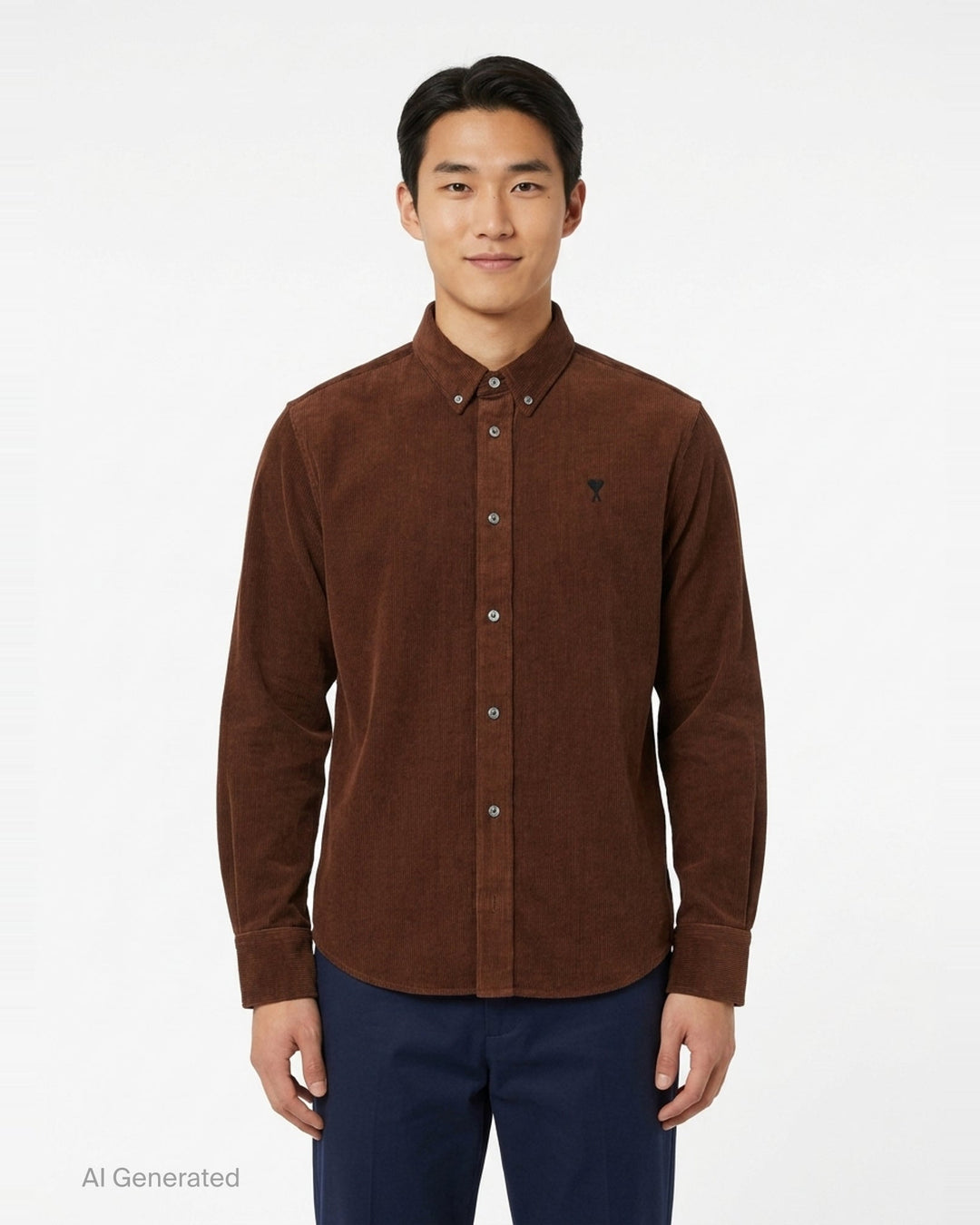 AMI Alexandre Mattiussi fine-wale corduroy button-down shirt in camel with embroidered Ami de Cœur logo at the chest and button-down collar - front