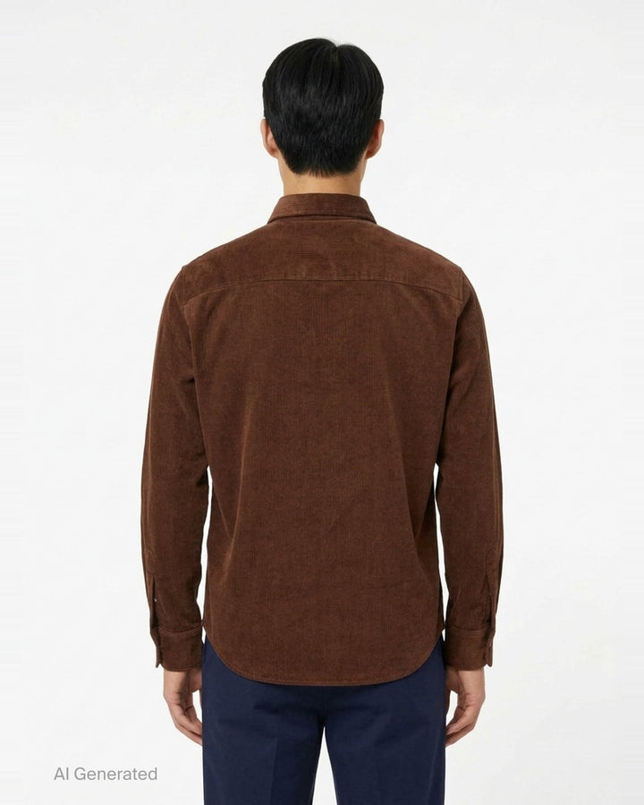 AMI Alexandre Mattiussi fine-wale corduroy button-down shirt in camel with embroidered Ami de Cœur logo at the chest and button-down collar - back