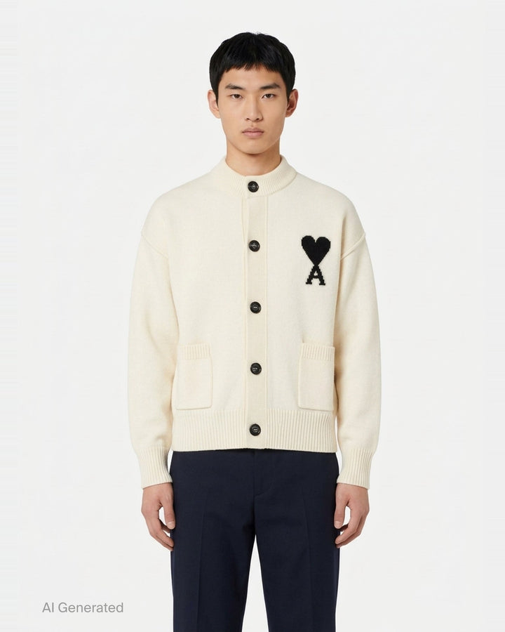 AMI grey crewneck cardigan with intarsia Ami de Cœur logo, button-front closure, ribbed trims, and hip patch pockets - front