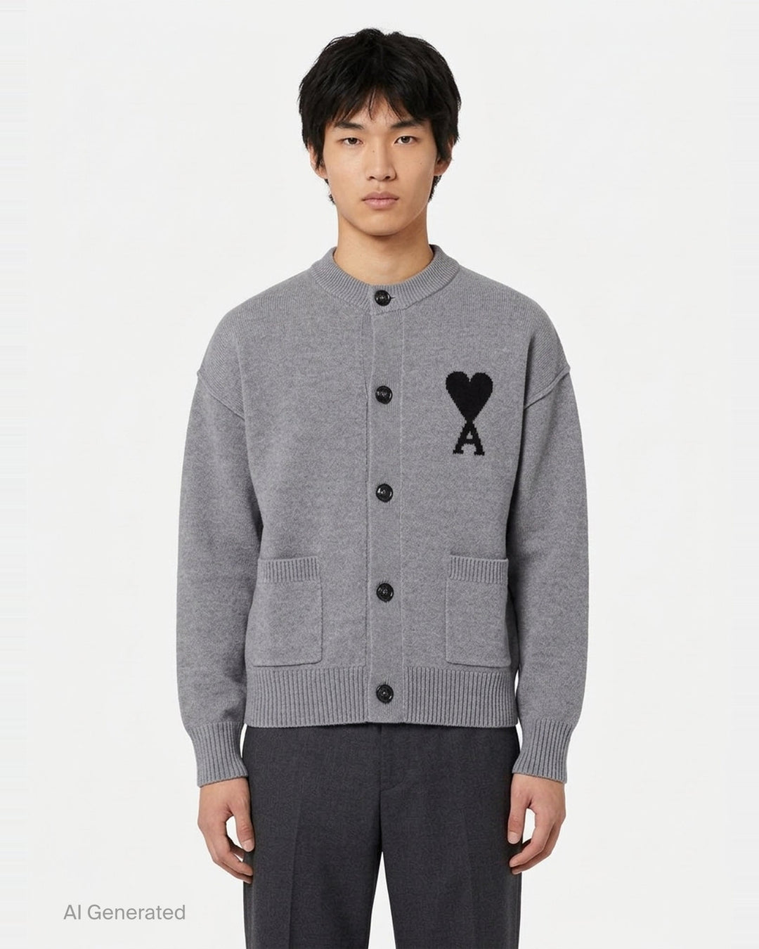 AMI grey crewneck cardigan with intarsia Ami de Cœur logo, button-front closure, ribbed trims, and hip patch pockets - front