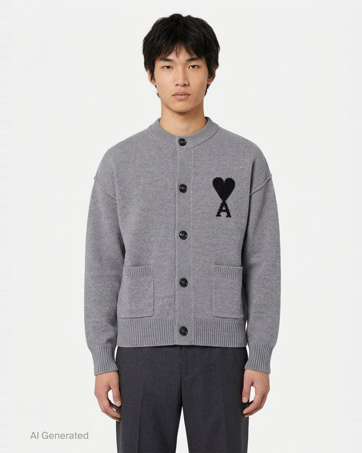 AMI grey crewneck cardigan with intarsia Ami de Cœur logo, button-front closure, ribbed trims, and hip patch pockets - front