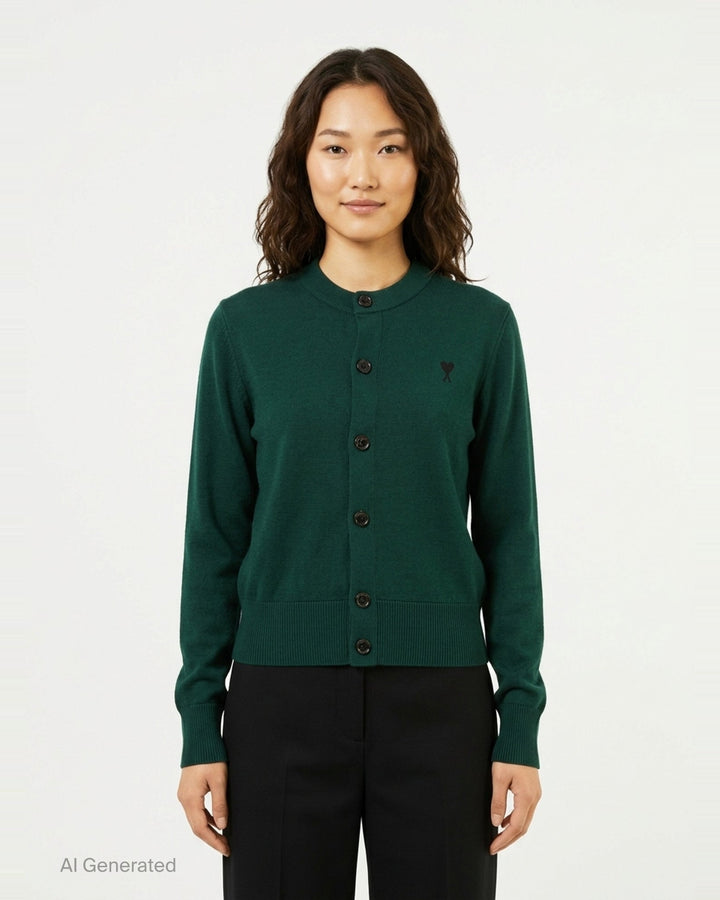AMI Alexandre Mattiussi forest green crewneck cardigan with dark button-front fastening, ribbed trim, and Ami de Cœur embroidered motif on the chest - front