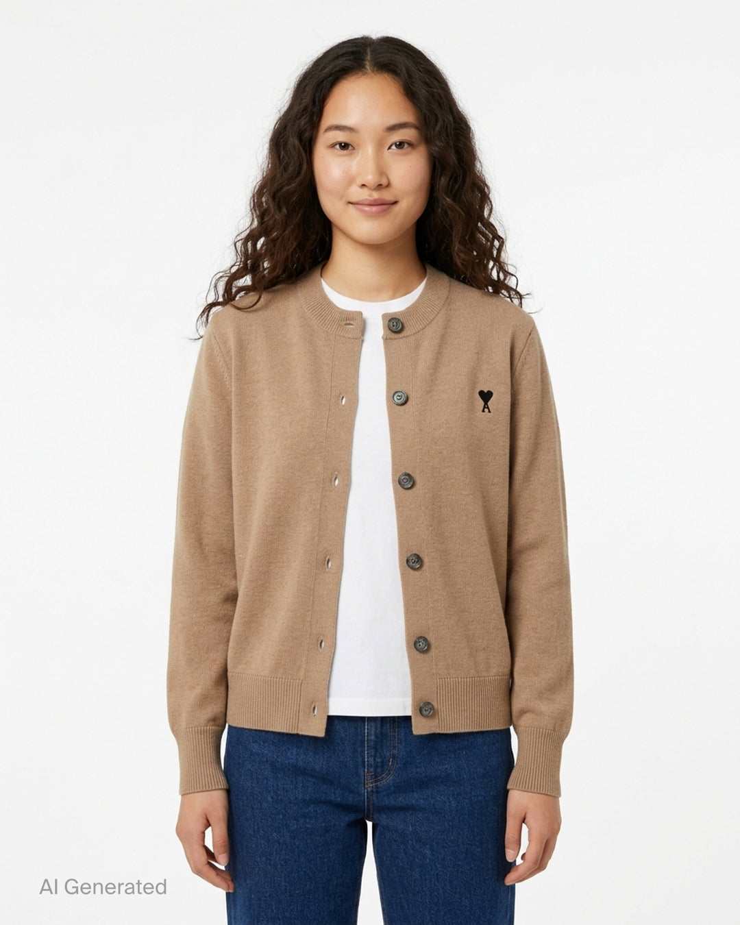 AMI Alexandre Mattiussi forest green crewneck cardigan with dark button-front fastening, ribbed trim, and Ami de Cœur embroidered motif on the chest - front