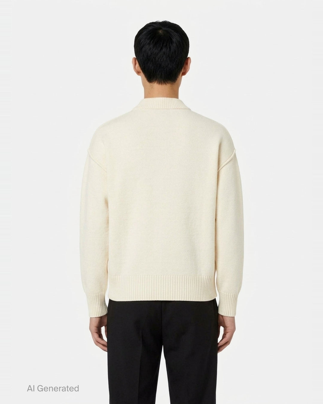 AMI grey crewneck cardigan with intarsia Ami de Cœur logo, button-front closure, ribbed trims, and hip patch pockets - back