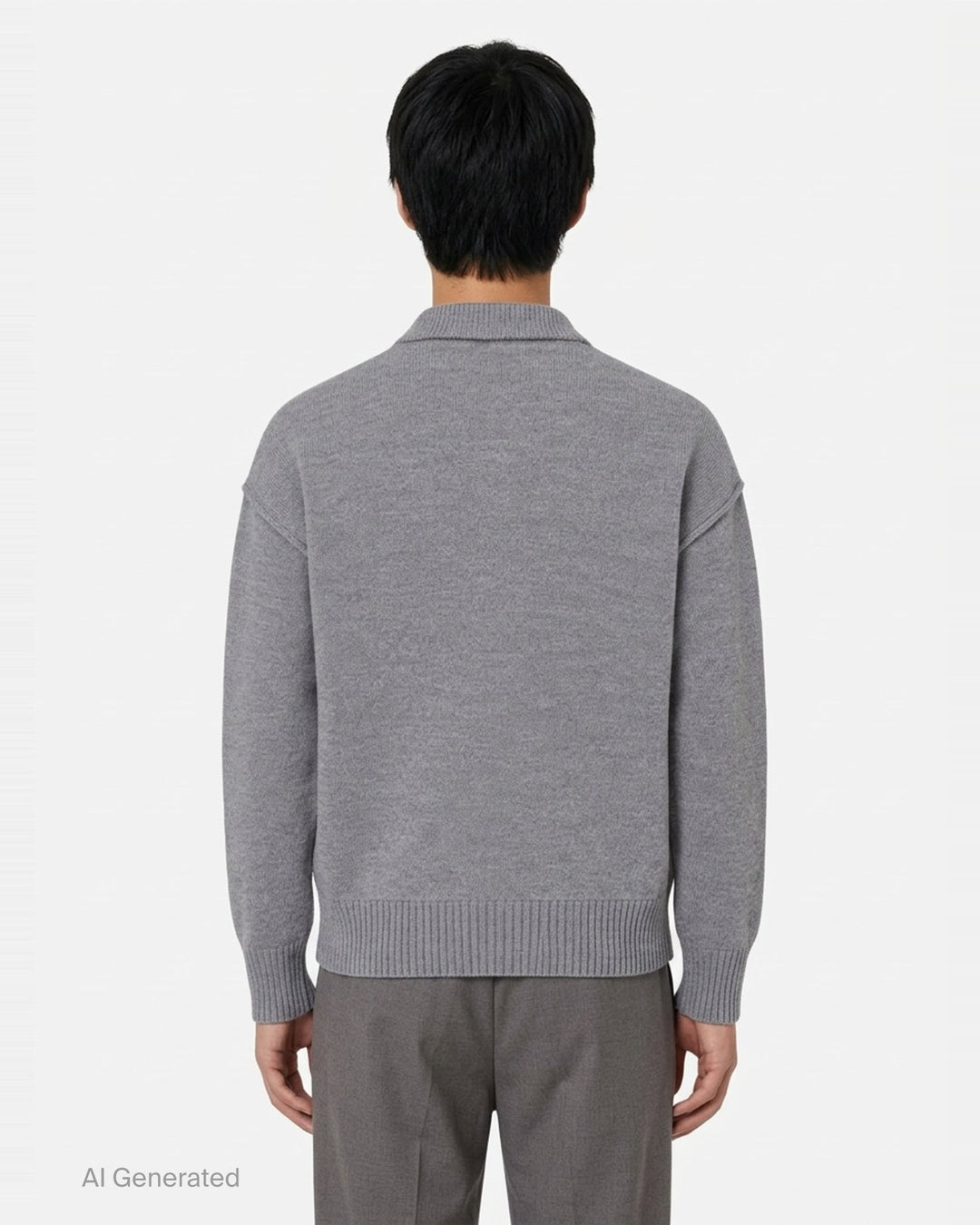 AMI grey crewneck cardigan with intarsia Ami de Cœur logo, button-front closure, ribbed trims, and hip patch pockets - back