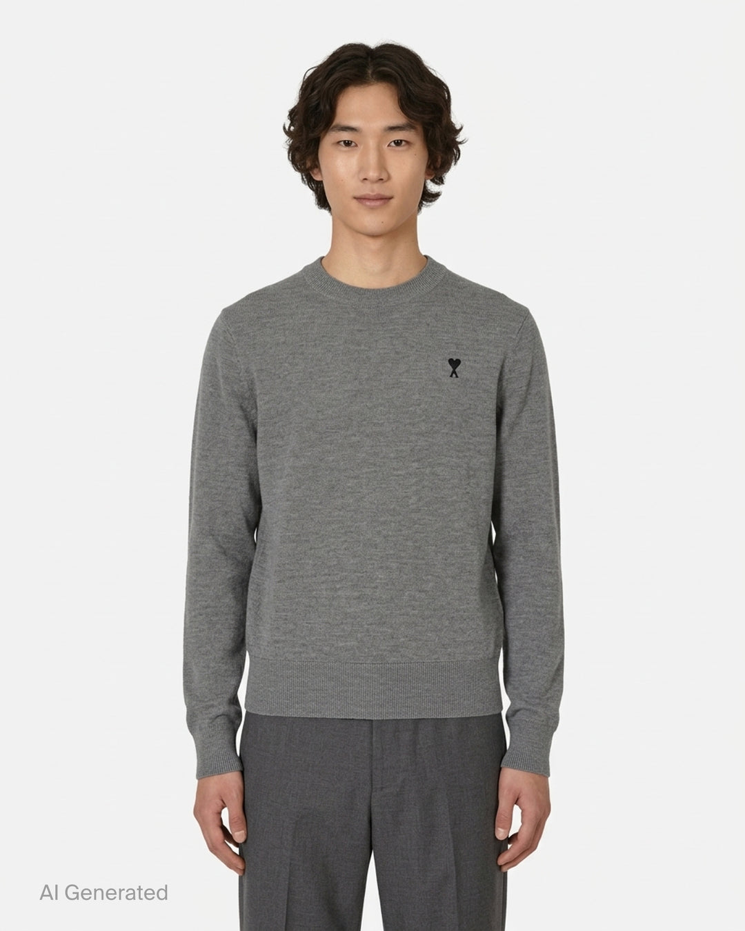AMI heather grey crewneck sweater with embroidered black Ami de Coeur heart logo on the chest - front