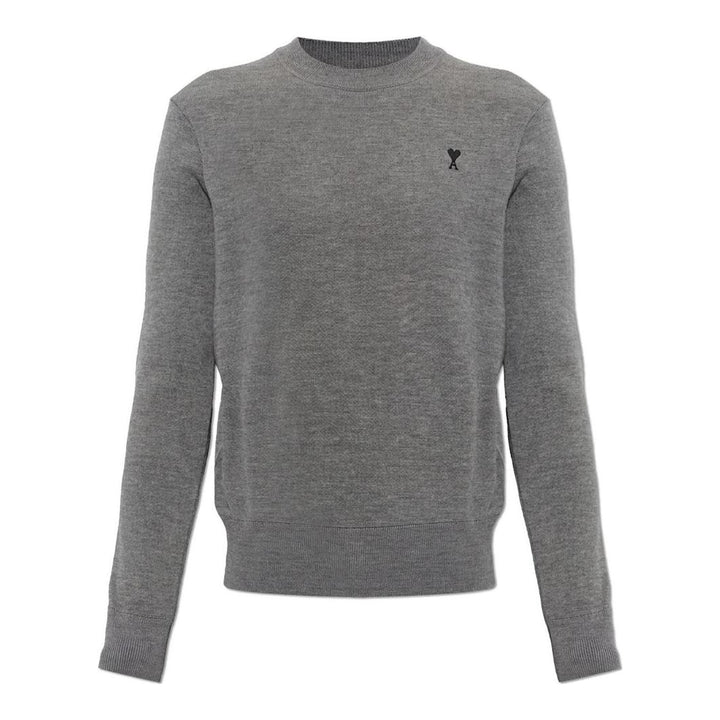 AMI heather grey crewneck sweater with embroidered black Ami de Coeur heart logo on the chest - packshot