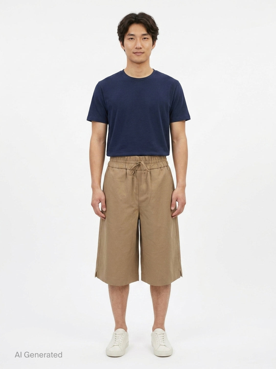 AMI Elasticated Large Bermuda Shorts in khaki tan, featuring a wide-leg silhouette, elasticated paper-bag waistband with drawstring, and hem side slits, displayed flat on a white background - front