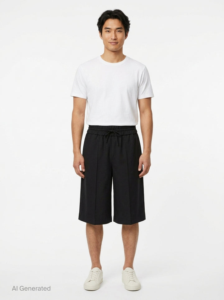 AMI Elasticated Large Bermuda Shorts in black with wide-leg silhouette, pressed creases, and elasticated drawstring waistband - front