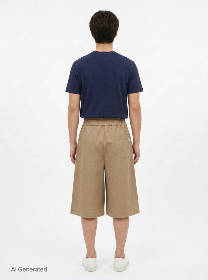 AMI Elasticated Large Bermuda Shorts in khaki tan, featuring a wide-leg silhouette, elasticated paper-bag waistband with drawstring, and hem side slits, displayed flat on a white background - back