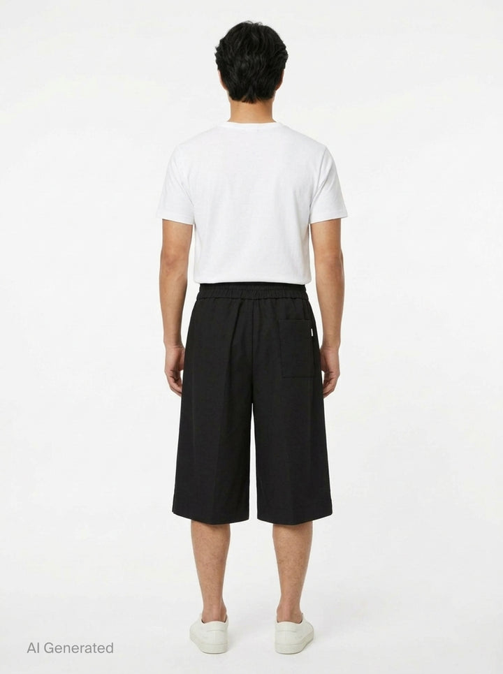 AMI Elasticated Large Bermuda Shorts in black with wide-leg silhouette, pressed creases, and elasticated drawstring waistband - back