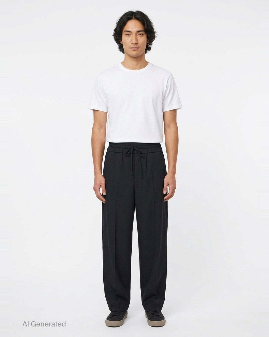 AMI black elasticated waist trousers with drawstring tie, relaxed tapered silhouette and pressed front creases, front view - front