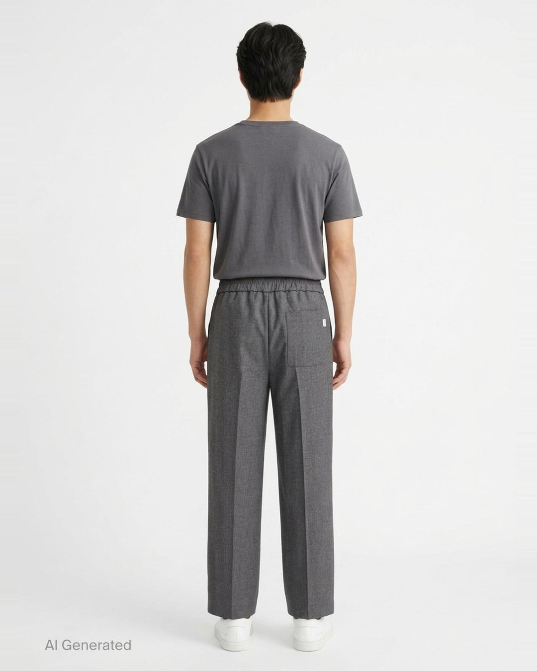 AMI black elasticated waist trousers with drawstring tie, relaxed tapered silhouette and pressed front creases, front view - back