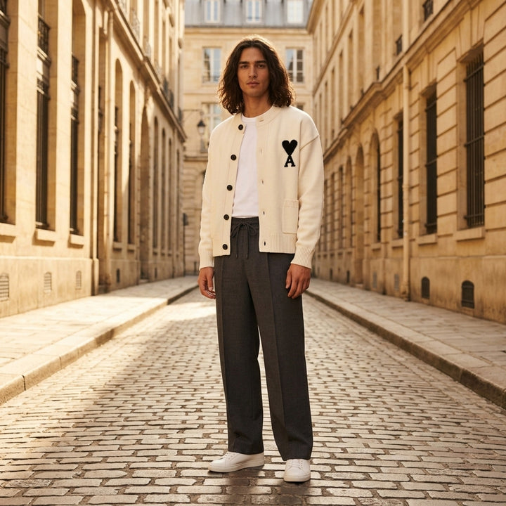 AMI black elasticated waist trousers with drawstring tie, relaxed tapered silhouette and pressed front creases, front view - lifestyle
