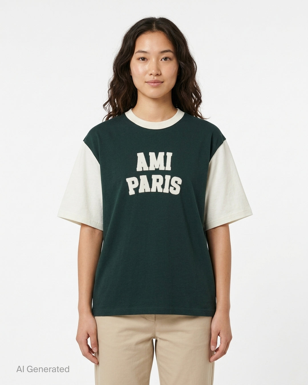 AMI Paris oversized t-shirt in dark green with cream contrast sleeves and collar, featuring white felt AMI PARIS lettering across the chest - front