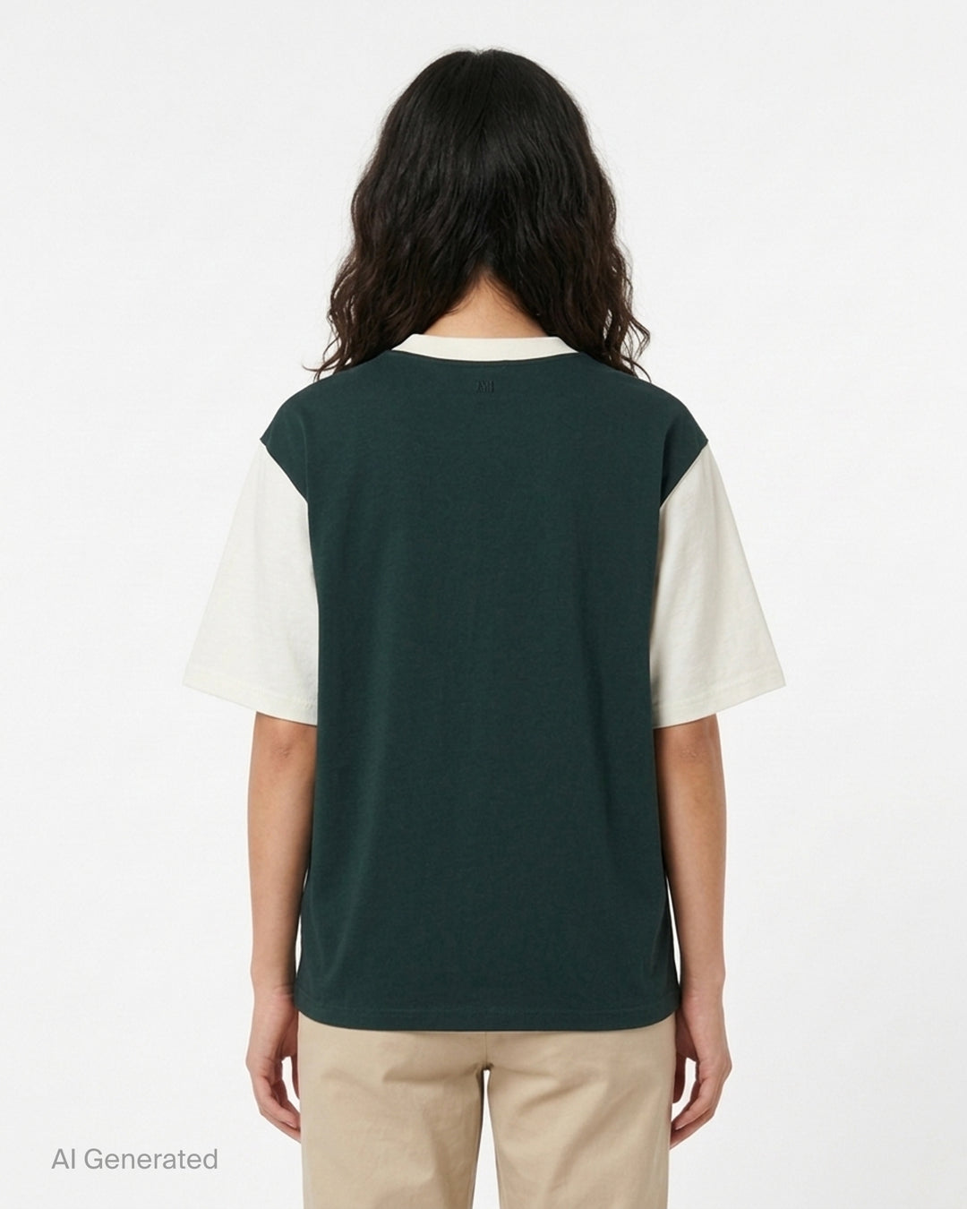 AMI Paris oversized t-shirt in dark green with cream contrast sleeves and collar, featuring white felt AMI PARIS lettering across the chest - back