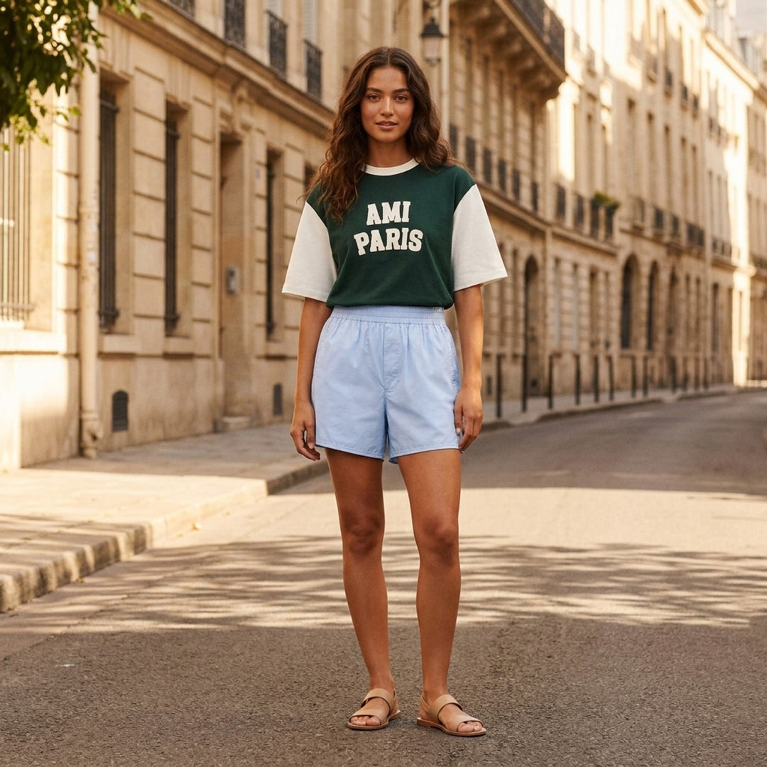 AMI Paris oversized t-shirt in dark green with cream contrast sleeves and collar, featuring white felt AMI PARIS lettering across the chest - lifestyle