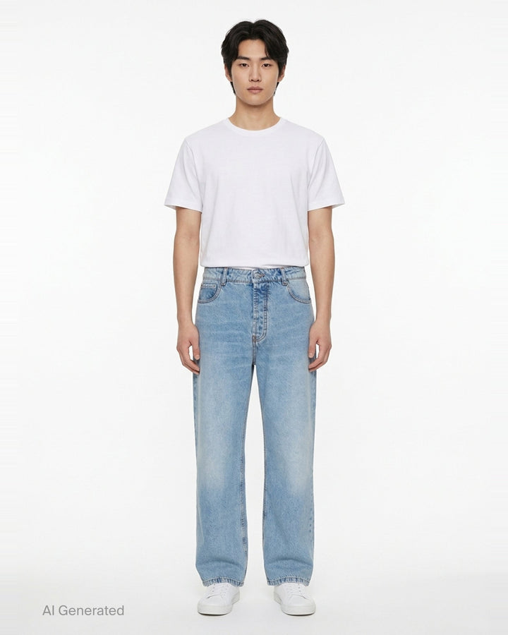 AMI Large Fit Jeans in light blue stonewash denim, featuring a relaxed wide-leg silhouette, five-pocket construction, and contrast copper topstitching - front