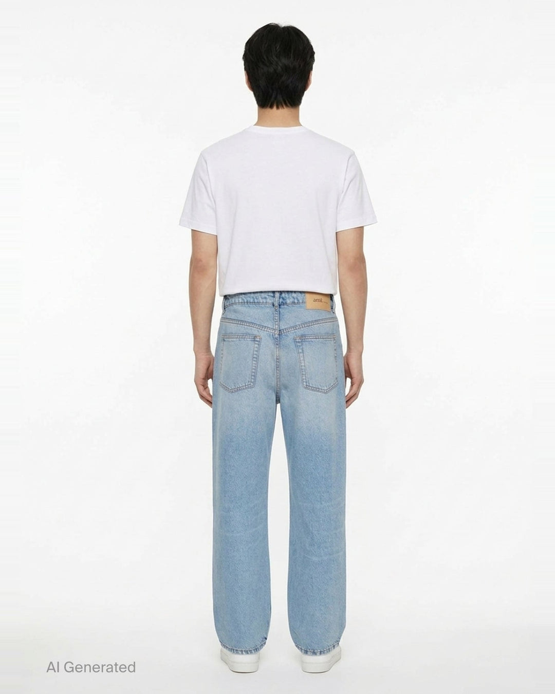 AMI Large Fit Jeans in light blue stonewash denim, featuring a relaxed wide-leg silhouette, five-pocket construction, and contrast copper topstitching - back