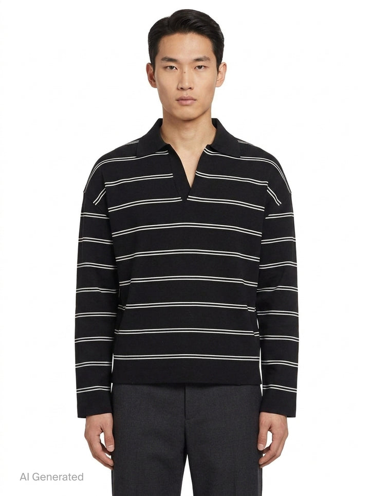 AMI Alexandre Mattiussi Long Sleeve Striped Polo in black with white horizontal stripes, featuring a spread collar, half-zip placket with heart logo pull, and ribbed cuffs - front