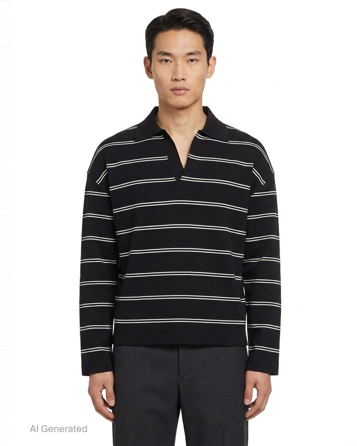 AMI Alexandre Mattiussi Long Sleeve Striped Polo in black with white horizontal stripes, featuring a spread collar, half-zip placket with heart logo pull, and ribbed cuffs - front
