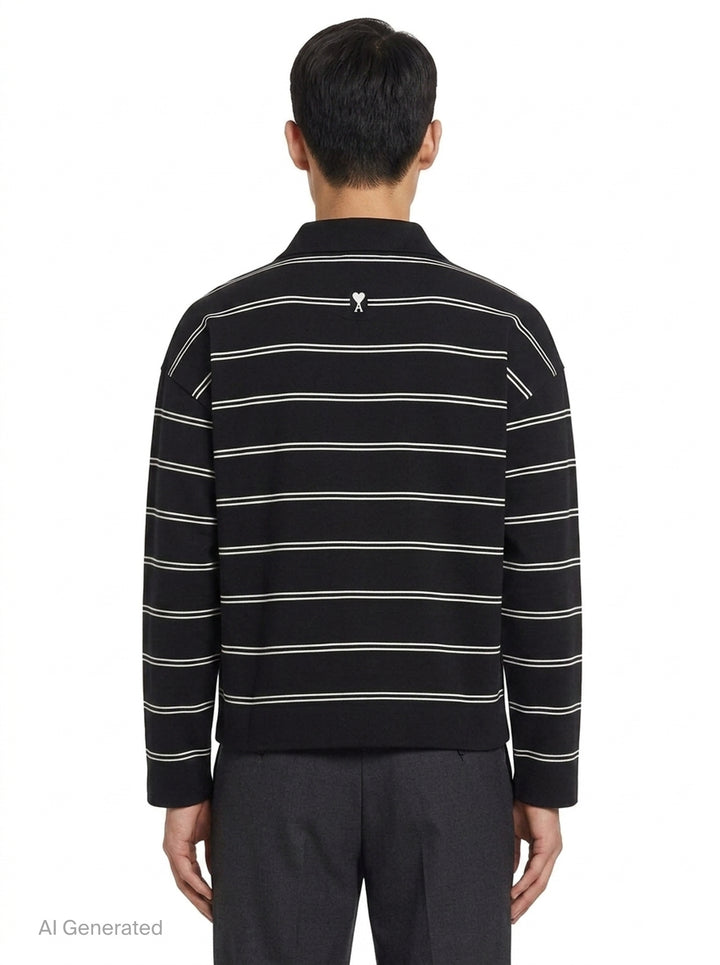 AMI Alexandre Mattiussi Long Sleeve Striped Polo in black with white horizontal stripes, featuring a spread collar, half-zip placket with heart logo pull, and ribbed cuffs - back