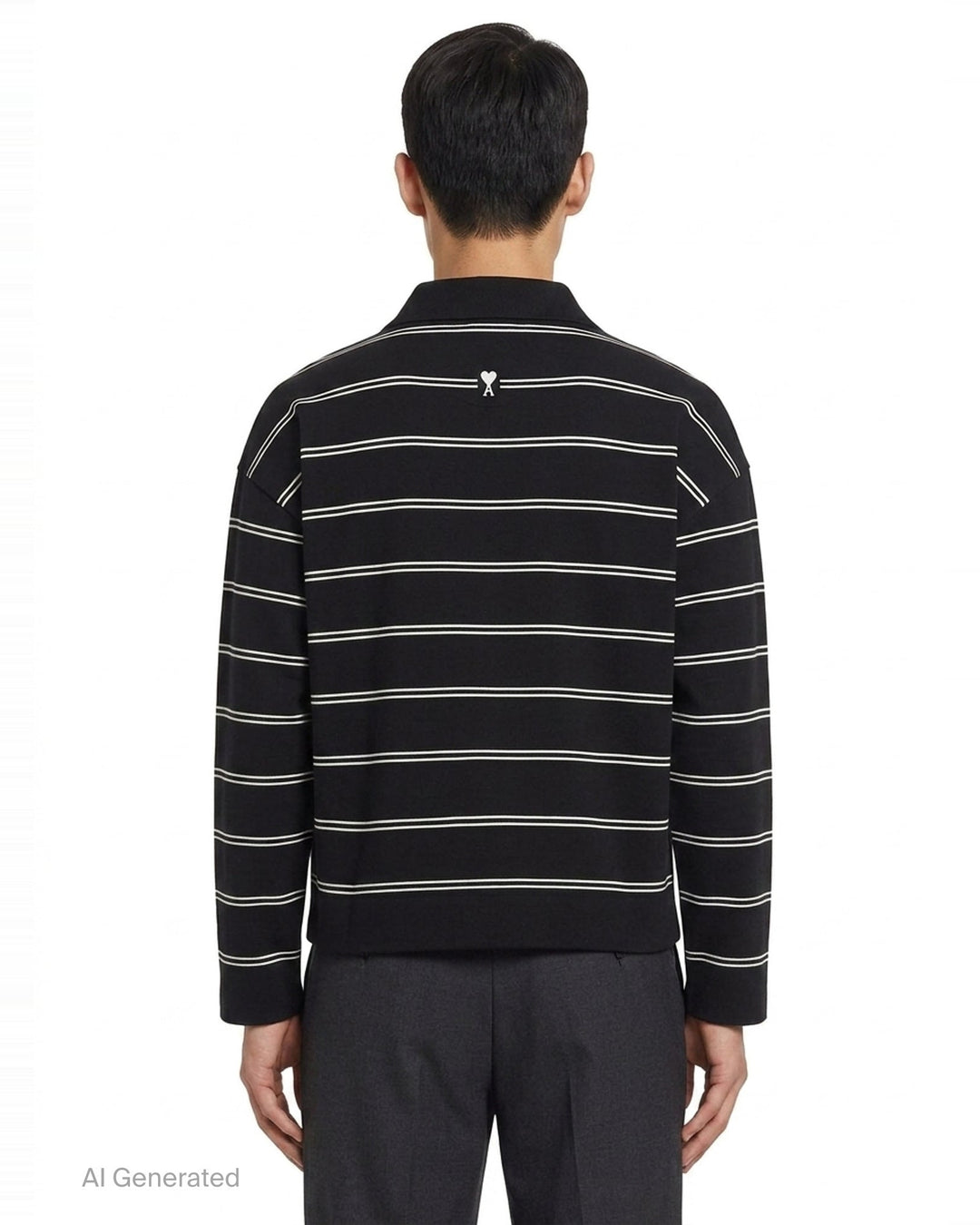 AMI Alexandre Mattiussi Long Sleeve Striped Polo in black with white horizontal stripes, featuring a spread collar, half-zip placket with heart logo pull, and ribbed cuffs - back