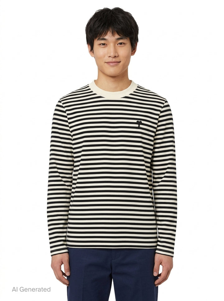 Ami Paris long sleeve crew neck tee in black and ivory horizontal Breton stripes with tonal Ami de Cœur chest logo embroidery - front